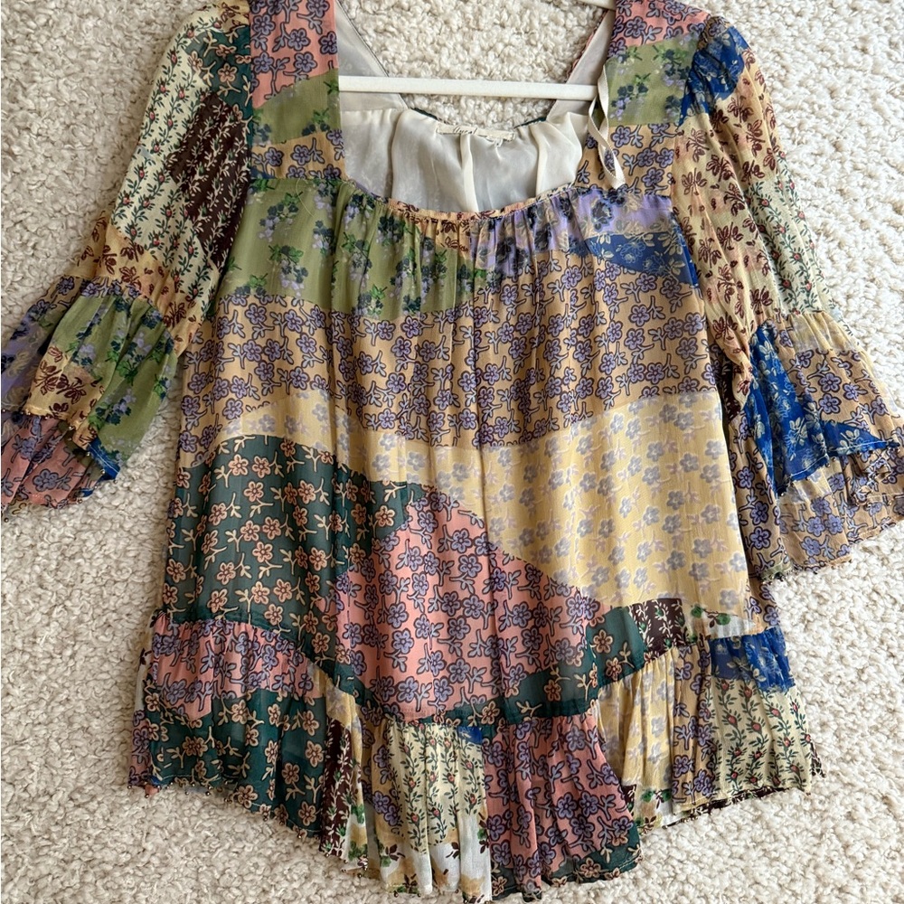 Floreat Blue and Pink Pleated Blouse